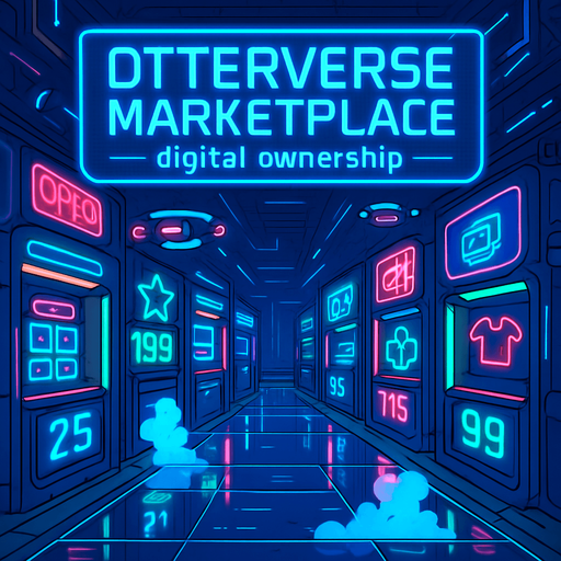 Create a cyber-bazaar corridor lined with glowing vendor pods and digital price tags flickering in neon. A large holoscreen banner reads ‘Otterverse Marketplace - digital ownership’ Include floating ad drones, steam jets from vents, and reflective floor panels—no visible characters or coins..
In-Game asset.  2d.  High contrast.  No shadows