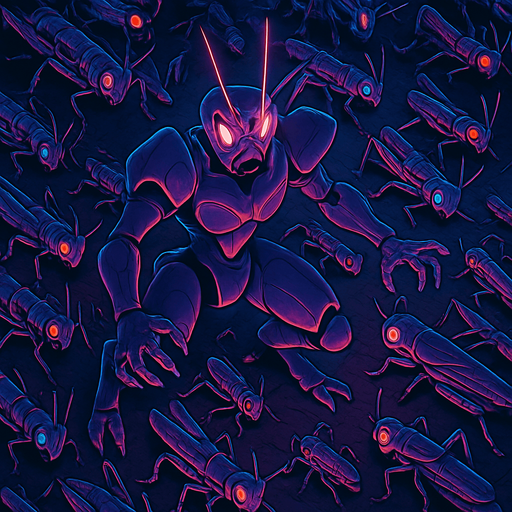 Neon cyberpunk horror anime top down isometric Lokix Nymble robot locusts swarming