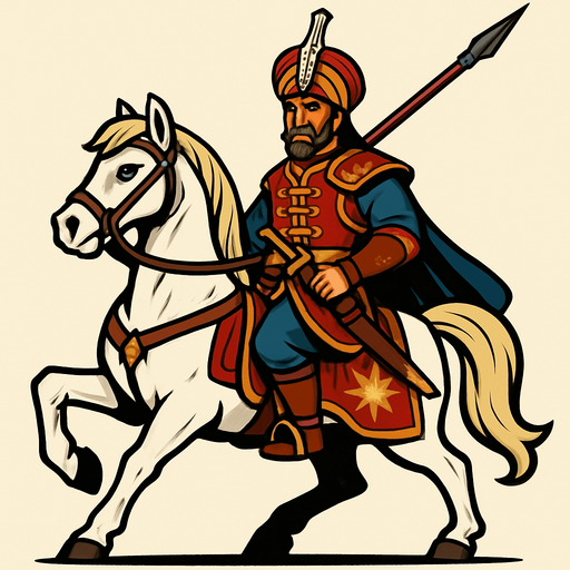 Let there be an Ottoman cavalryman on a white horse and let it be clear that he is a special cavalryman..
In-Game asset.  2d.  High contrast.  No shadows