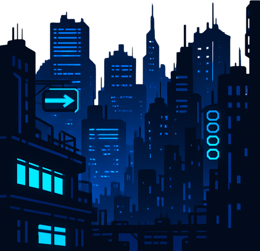cyberpunk city for back ground. Dark blue
In-Game asset.  2d.  High contrast.  No shadows