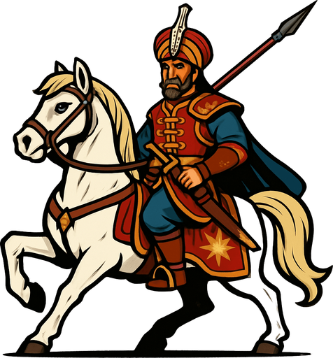 Let there be an Ottoman cavalryman on a white horse and let it be clear that he is a special cavalryman..
In-Game asset.  2d.  High contrast.  No shadows