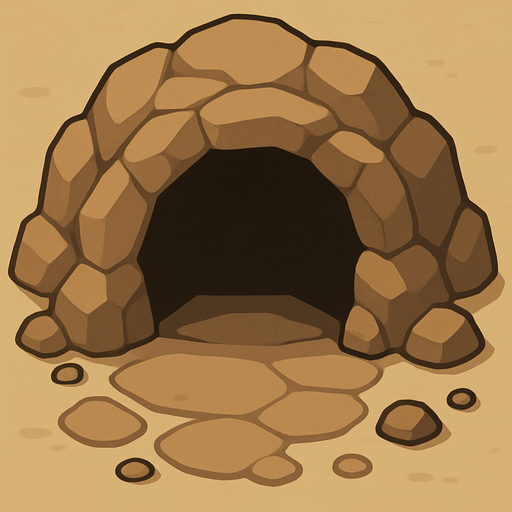Una cueva de entrada grande.
In-Game asset.  2d.  High contrast.  No shadows. Vista superior. Lineless. Chibi