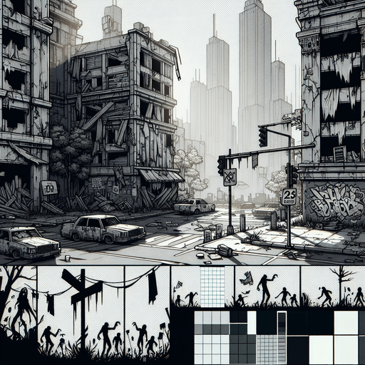 Zombie apocalypse city.
Single Game Texture.  In-Game asset.  2d.  Blank background.  High contrast.  No shadows