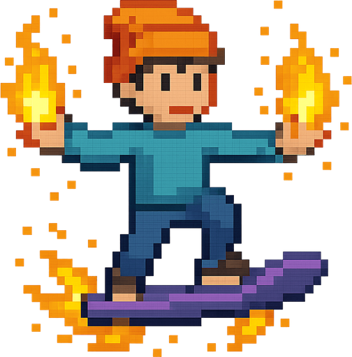 un niño con poderes de fuego y luz montado en una patineta boladora la imagen tiene que ser de pixeles
. No background. Transparent background. Blank background. No shadows. 2d. In-Game asset. flat