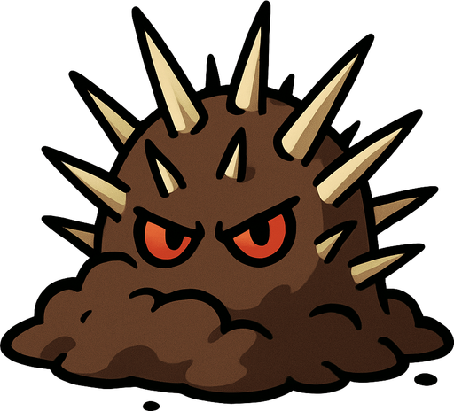 una planta que emerge del suelo como una masa de tierra marrón, semi-enterrada. De ella sobresalen una serie de púas afiladas de color beige, de diferentes tamaños y ángulos, dispuestas en varias filas. En el centro, asoman dos ojos pequeños y rojos, con una mirada intensa y ligeramente enojada..
In-Game asset.  2d.  High contrast.  No shadows