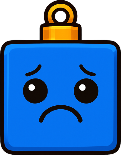 a sad Perfectly square bright cobalt blue Christmas decoration with cute happyy face. Cartoon style. Cute art style. Simple vector style. No Shadows Single Game Texture. In-Game asset. 2d. Blank background. High contrast. No shadows..
In-Game asset.  2d.  High contrast.  No shadows