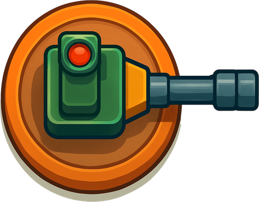 Crea la Torre Sniper en un estilo 2D renderizado, limpio y cartoonish, con contornos claros y definidos, colores vibrantes con transiciones suaves, y sombreado que da volumen a sus superficies superiores.
La perspectiva debe ser VISTA CENITAL (totalmente desde arriba). Esto significa que la torre se verá como si estuviera siendo observada directamente desde arriba, con los detalles de su parte superior siendo prominentes.
La base de la torre debe ser circular para permitir un movimiento de cañón cómodo. El cañón largo debe estar claramente orientado hacia la DERECHA.
La torre debe tener un perfil bajo y la menor cantidad de relieve vertical posible, especialmente en su base, para facilitar una rotación fluida en la animación. El cañón puede sobresalir, pero la base debe ser compacta..
In-Game asset.  2d.  High contrast.  No shadows