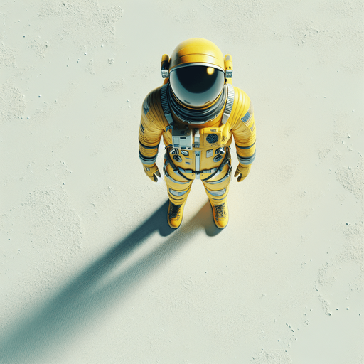 Create a top down view of an astronaut in a bright yellow space suit.
Single Game Texture. In-Game asset. 2d. Blank background. High contrast. No shadows.