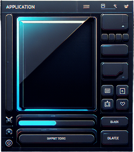 Empty futuristic black application window box..
Single Game Texture. In-Game asset. 2d. Blank background. High contrast. No shadows.