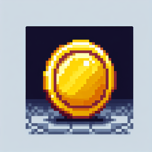 simple pixel art coin and yellow.
Single Game Texture. In-Game asset. 2d. Blank background. High contrast. No shadows.