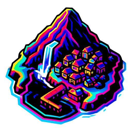 A small island centered with a large mountain taking up most of it with a waterfall on the south side and a fishing village just below it. Under the fishing village is a harbor with a single empty dock. The dock extends into a half open bay. 80s arcade machine inspire high definition graphics with 80s colored highlights. White background. Top down 3/4 view. 
In-Game asset.  2d.  High contrast.  No shadows