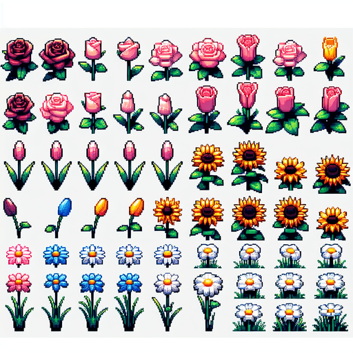 Sprite Sheet of flowers viewed from the top (zenith view).
Modern video game style