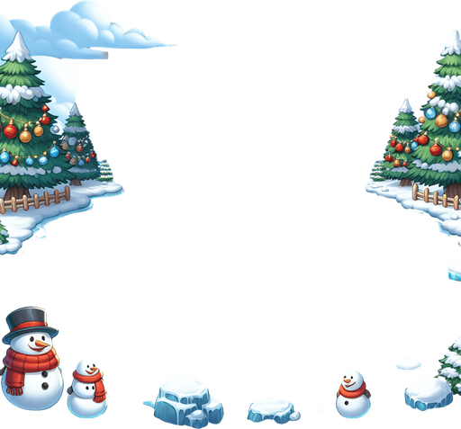 Simple Outdoor empty frozen icy lake, Christmas decorated. Camera standing at the middle of the lake looking towards shore. Cartoon. Middle of rink view. Snowmen and threes on the edge of area Single Game Texture. In-Game asset. 2d. Blank background. High contrast. No shadows.