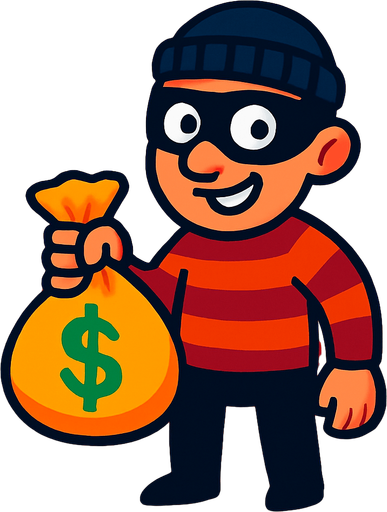 Bu bir oyun menüsü arkaplanı, elinde para çantası tutan 2d bir hırsız altınlar ve paraların olduğu bir odada ekrana bakıyor. canlı renkler.
In-Game asset.  2d.  High contrast.  No shadows