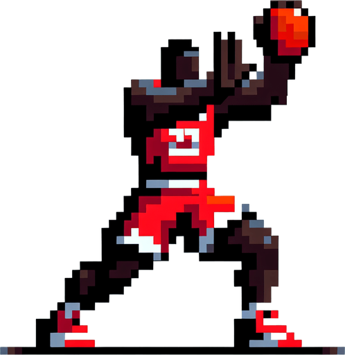 Tall, bulky, black male holding hands up trying to defend a basketball shot. Basketball player is wearing red shorts with a red jersey. The basketball is not present in the image. 8-bit art style..
Single Game Texture. In-Game asset. 2d. Blank background. High contrast. No shadows.