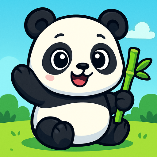 A cute cartoon-style panda character for a mobile game. Chubby body with classic black and white fur, big round eyes with a sparkle, small ears, sitting or standing upright with a happy, playful expression. Holding a bamboo stick or waving. Colorful, simple background. High-quality digital illustration, ideal for a children’s game.”.
In-Game asset.  2d.  High contrast.  No shadows. cartoon style