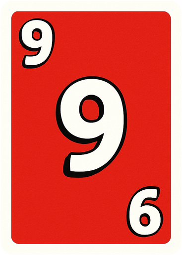 Rectangular card numbered 9, with a white border around it and a red background..
In-Game asset.  2d.  High contrast.  No shadows