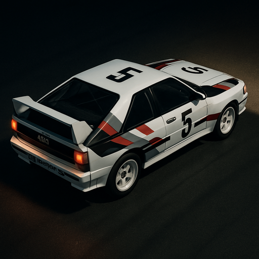 Photorealistic white audi b2 quattro RALLYCAR with red,grey,black stripes livery, drone topview from back in night. Angle should be 45 degrees in the top right corner of the screen.