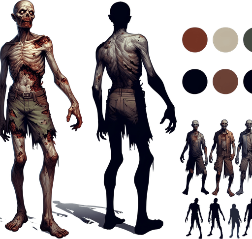 Zombies.
Single Game Texture. In-Game asset. 2d. Blank background. High contrast. No shadows.