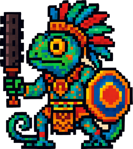 Generame un guerrero azteca con patrones, estilo pixelar, ademas sera un Camaleón de Cundinamarcahumanoide.
In-Game asset.  2d.  High contrast.  No shadows
