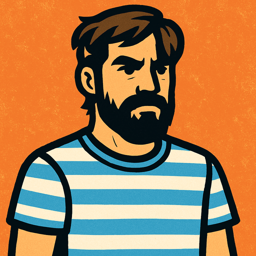 Un tipo con barba y pelo mediano que tenga una camiseta con rayas blancas y celestes.
In-Game asset.  High contrast.  No shadows. 2d