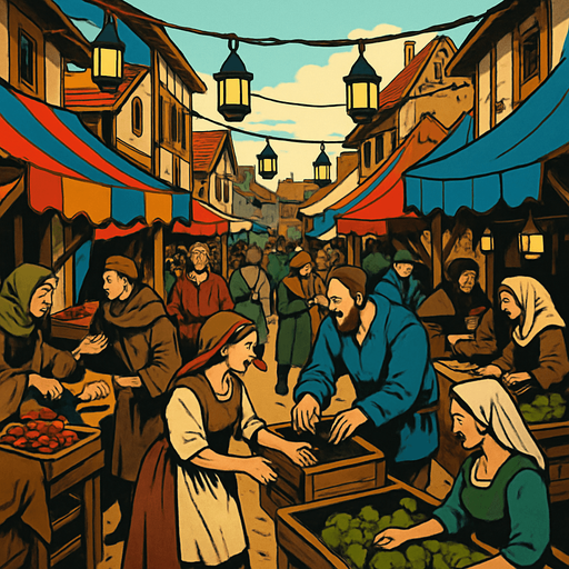 A crowded medieval street market with colorful tents, villagers bargaining, hanging lanterns, dirt road and wooden stalls, lively and rustic, realistic.
In-Game asset.  2d.  High contrast.  No shadows