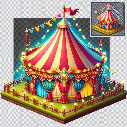 circus tent png image.
Single Game Texture.  In-Game asset.  2d.  Blank background.  High contrast.  No shadows