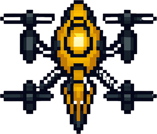 Flying pixel art flying drone, top down, insectoid design, yellow light on top.
In-Game asset.  2d.  High contrast.  No shadows