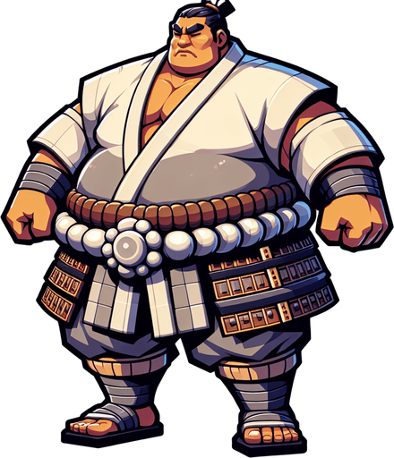 a samurai sumo big in size.
Single Game Texture. In-Game asset. 2d. Blank background. High contrast. No shadows.