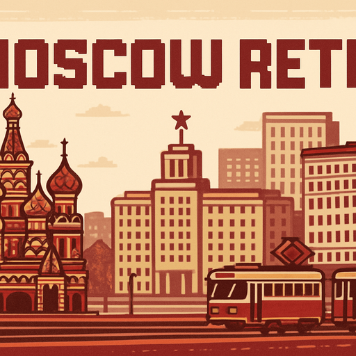 A horizontal banner with a wide aspect ratio and minimal height, designed for use as a website or app header. The style is retro pixel art, inspired by 1980s aesthetics. The scene showcases iconic elements of Moscow, such as Saint Basil's Cathedral, Soviet-era buildings, and vintage trams, all rendered in colorful pixel art. The color palette should include muted reds, browns, and creams to evoke nostalgia. Include the text “Moscow Retro” in bold, pixel-style font, seamlessly integrated into the scene. The design should be panoramic, with clear left-to-right flow and plenty of horizontal detail, while keeping vertical elements minimal to preserve the banner’s low height..
In-Game asset.  2d.  High contrast.  No shadows