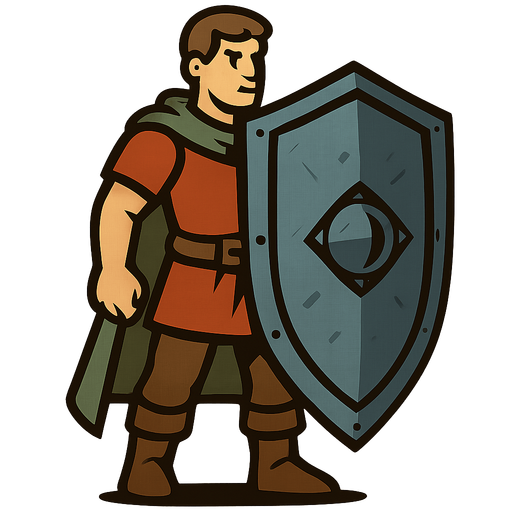Human with a big iron shield.
In-Game asset.  2d.  High contrast.  No shadows