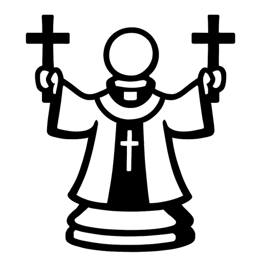 Draw a white pawn dressed in a priest's robe and holding two crosses in the air in a divine manner.
In-Game asset.  2d.  High contrast.  No shadows