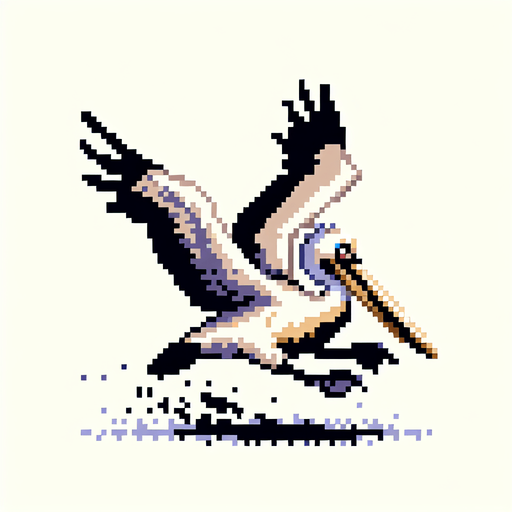 8-bit profile of pelican flapping it's wings downward.
Single Game Texture. In-Game asset. 2d. Blank background. High contrast. No shadows.