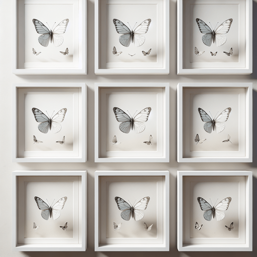 detailled frames of a White butterfly flight.
Zenith view. Grid of frames. Blank background.