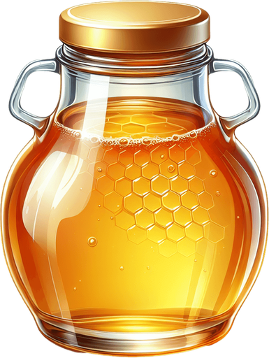 A glass bottle filled with honey.
Single Game Texture. In-Game asset. 2d. Blank background. High contrast. No shadows.