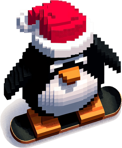 Giant angry penguin snowboarder wearing a red santa hat. top-view. gta 2. seen from above. Single Game Texture. In-Game asset. 2d. Blank background. High contrast. No shadows. pixelated. 8 bit.
A