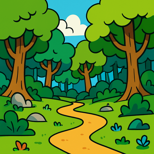 Un bosque cartoon.
In-Game asset.  2d.  High contrast.  No shadows