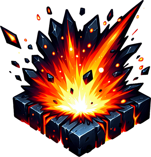 fire explode with piece of black steel.
Single Game Texture.  In-Game asset.  2d.  Blank background.  High contrast.  No shadows