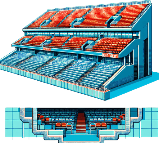 full close and front view of empty stands.
retro gaming style