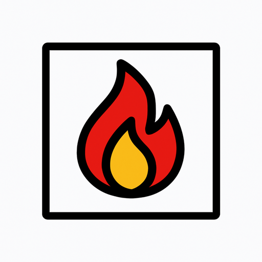 top-down view, simple minimal white square icon, centered flame symbol inside, clear sharp lines, no background, clean style, for game UI button, 30x30 px, black red yellow.
In-Game asset.  2d.  High contrast.  No shadows