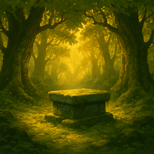 A mystical medieval forest glade with ancient trees, golden sunlight filtering through leaves, stone altar covered in moss, enchanted and sacred atmosphere, realistic.
In-Game asset.  2d.  High contrast.  No shadows