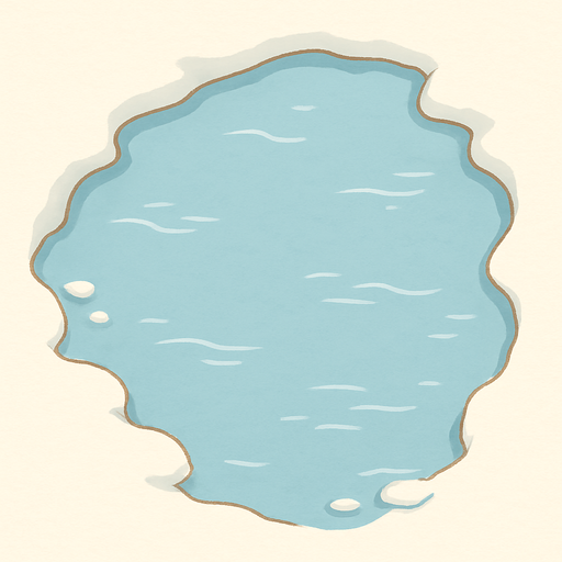 A simple top-down 2D illustration of a calm arctic lake. The scene shows the edge of the water, with a soft, snowy shoreline framing the top and one side of the image. The lake itself is a calm, light blue, with subtle light reflections on the surface to suggest water. The art style is soft and clean, like a children's book illustration..
In-Game asset.  2d.  High contrast.  No shadows