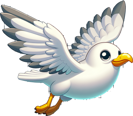 A cartoon-style seagull in mid-flight, white feathers with a light gray beak and wings slightly spread out. Expressions should be fun and mischievous.".
Single Game Texture.  In-Game asset.  2d.  Blank background.  High contrast.  No shadows