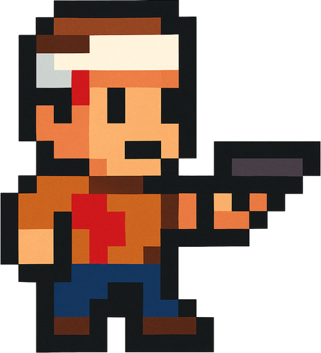 16x16 pixel wounded guy holding pistol.
In-Game asset.  2d.  High contrast.  No shadows. pixel art. retro arcade game
