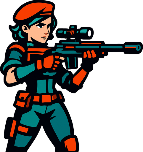 sniper girl hero.
In-Game asset.  2d.  High contrast.  No shadows