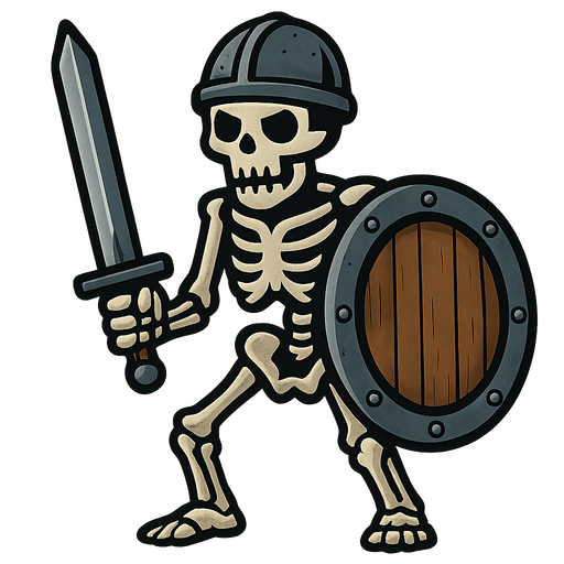 Skeleton with Iron sword, iron helmet and a Reinforced wooden shield.
In-Game asset.  2d.  High contrast.  No shadows