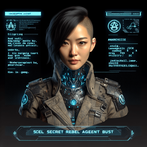 A hologram projection of a rebel secret agent bust, with a futuristic cyberpunk style. The agent is a confident woman in a rugged yet high-tech suit, adorned with subtle anarchist symbols and glowing blue accents. Her look conveys authority and high rank within an underground rebel group, with a determined and defiant expression as she gives hacking instructions to the player..
Single Game Texture. In-Game asset. 2d. Blank background. High contrast. No shadows.