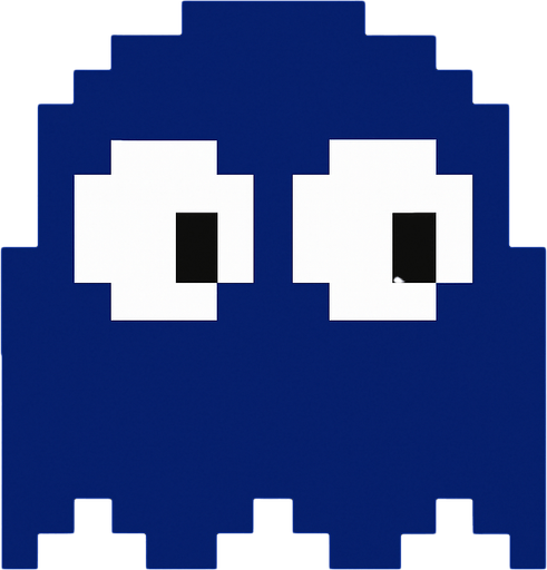 Pacman dark blue ghost with plain white eyes.
In-Game asset.  2d.  High contrast.  No shadows