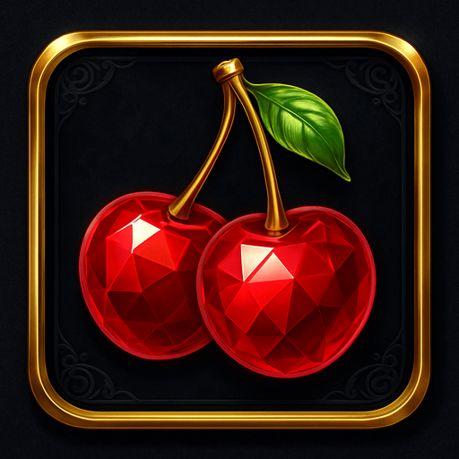 Crea un asset visual completo para el símbolo 'E' de Megaways: Cerezas Lujosas, directamente sobre su panel de fondo.

Diseño General:

Forma: Un panel cuadrado o ligeramente redondeado.

Fondo del Panel: Terciopelo oscuro (negro o azul noche) o un metal pulido muy oscuro.

Borde: Un borde elegante dorado o plateado alrededor del panel.

Detalles del Fondo: Puede tener un patrón sutil de filigrana de casino en las esquinas del panel.

Símbolo Central (las Cerezas):

Dos cerezas rojas, estilizadas para parecer joyas o gemas, con una superficie brillante y reflejos, posicionadas centralmente.

El tallo debe ser fino y elegante.

Colores: Rojos intensos y brillantes.
In-Game asset.  2d.  High contrast.  No shadows