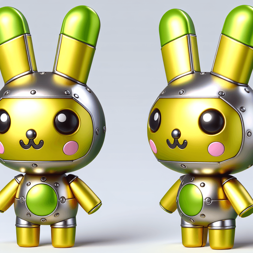 Cute 3d steel kawaii rabbit yellow with green ears.
Single Game Texture. In-Game asset. 2d. Blank background. High contrast. No shadows.